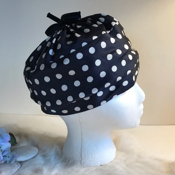 Vintage 1950s Bucket Hat Polka Dot Navy & White - Picture 1 of 7
